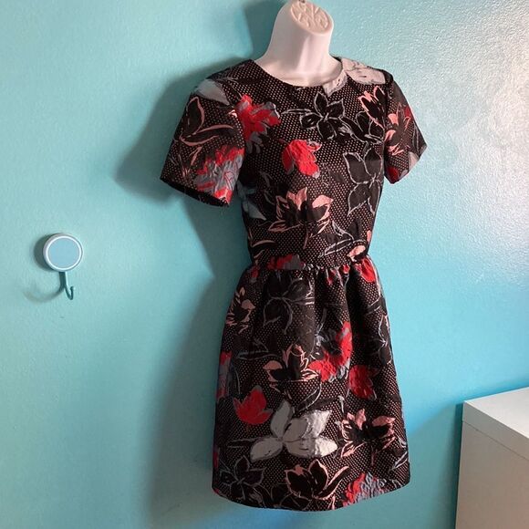 Suno Womens Size 0 Black Floral Fit & Flare Mini Dress Rear Zipper 34" Bust - Picture 1 of 11